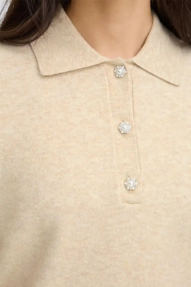Fransa Suzette Oatmeal Melange Knitted Polo Top