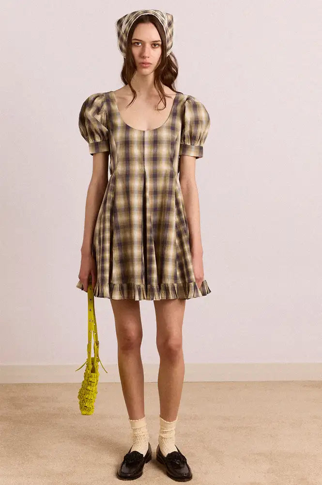 Damson Madder Sabina Cardamon Mix Check Mini Godet Dress