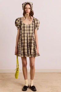 Damson Madder Sabina Cardamon Mix Check Mini Godet Dress
