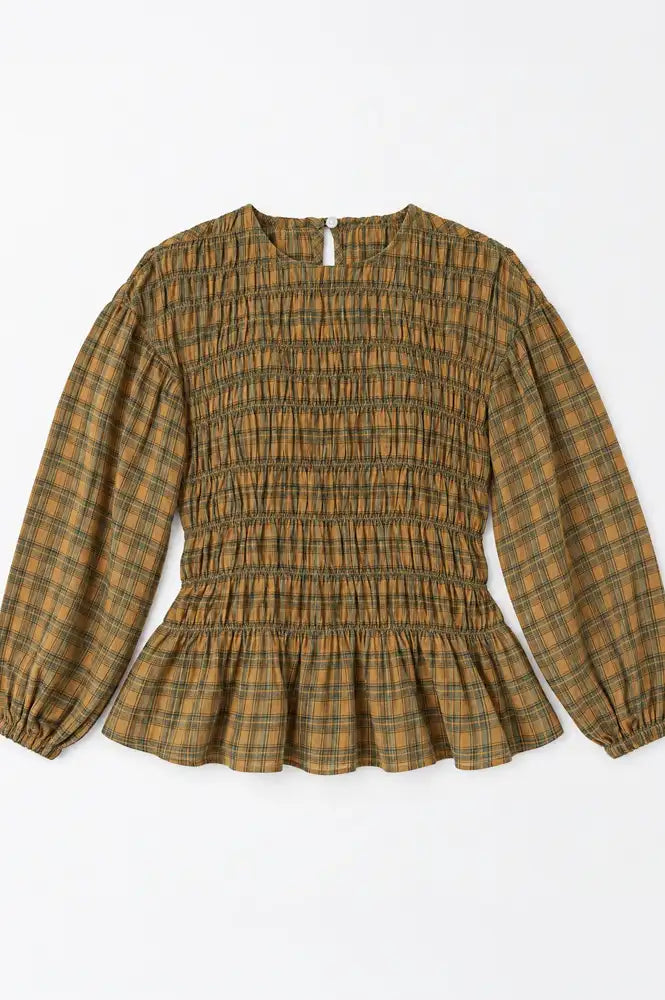 Carmen Says Automne Mustard Checked Smocked Blouse - The Mercantile London