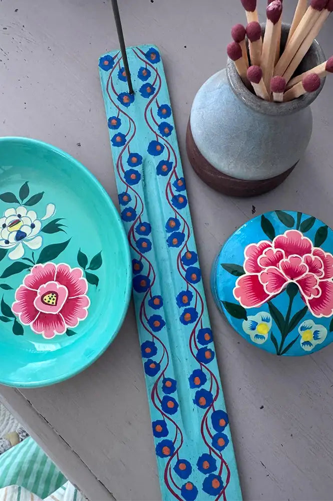 Namaste Hand Painted Indian Truck Art Blue Incense Holder