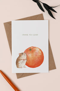 Greeting card with a hamster and orange illustration on a beige background