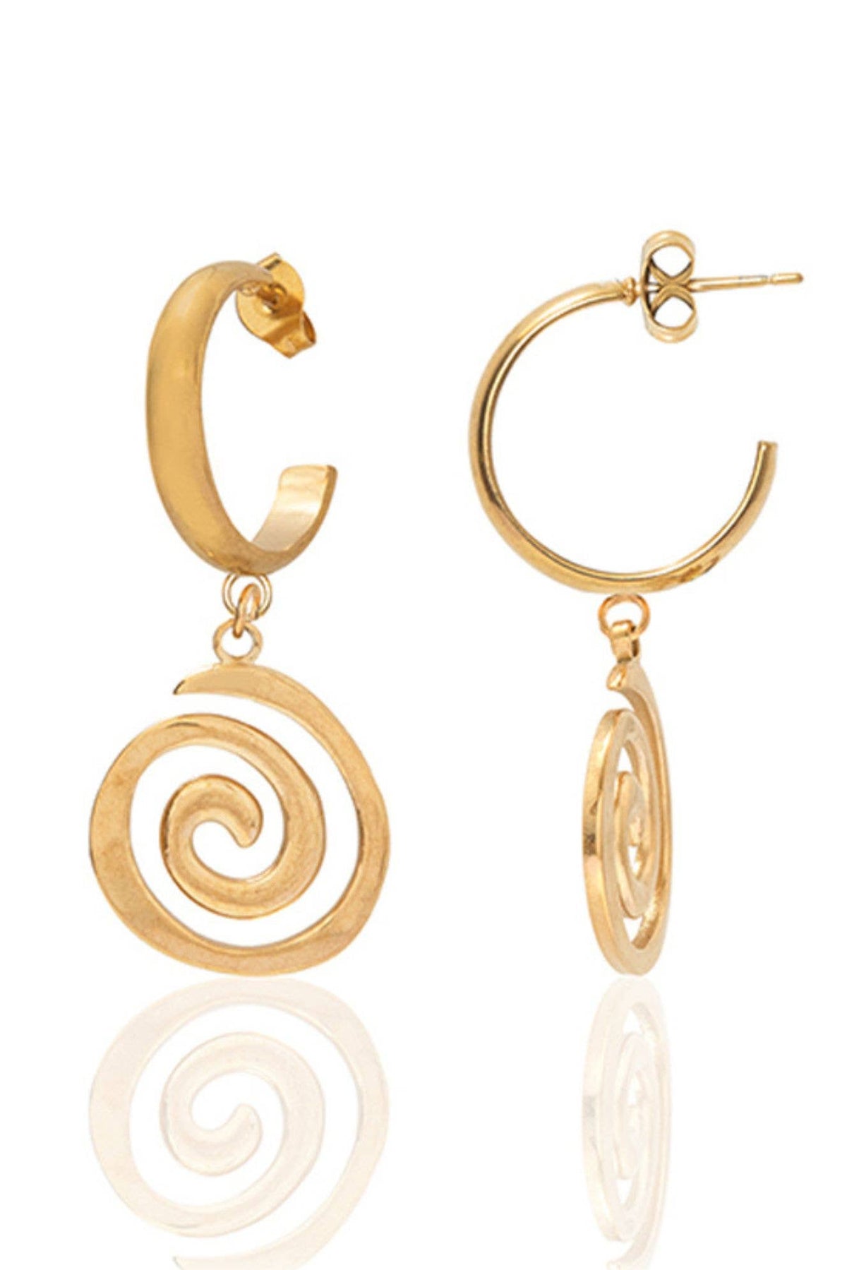 Gold hoop earrings with spiral designs on a white background