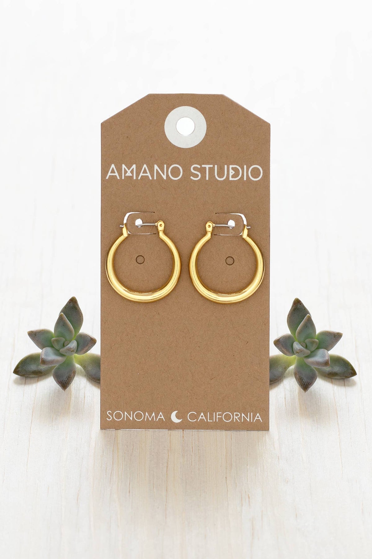Gold hoop earrings on a 'Amano Studio' branded card with succulents in the background.