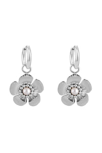 Pair of silver flower-shaped earrings on a white background