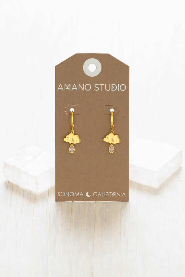 Gold earrings on a 'Amano Studio' branded card with a white background