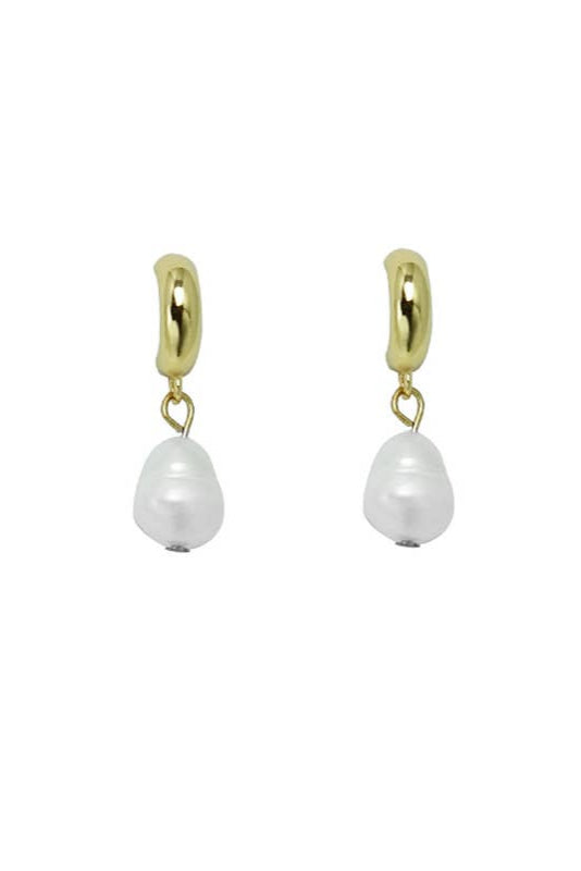 Gold hoop earrings with white pearl drops on a white background