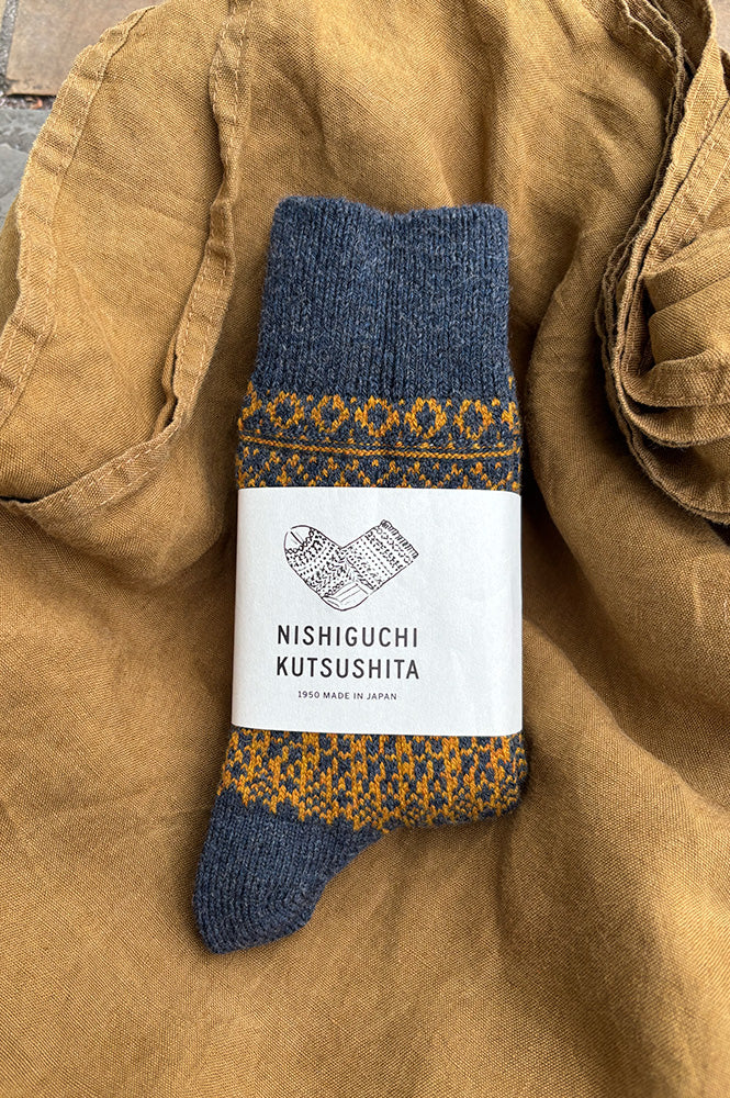 Nishiguchi Kutsushita Wool Jacquard Navy Socks - The Mercantile London