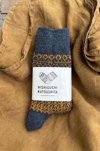 Nishiguchi Kutsushita Wool Jacquard Navy Socks - The Mercantile London