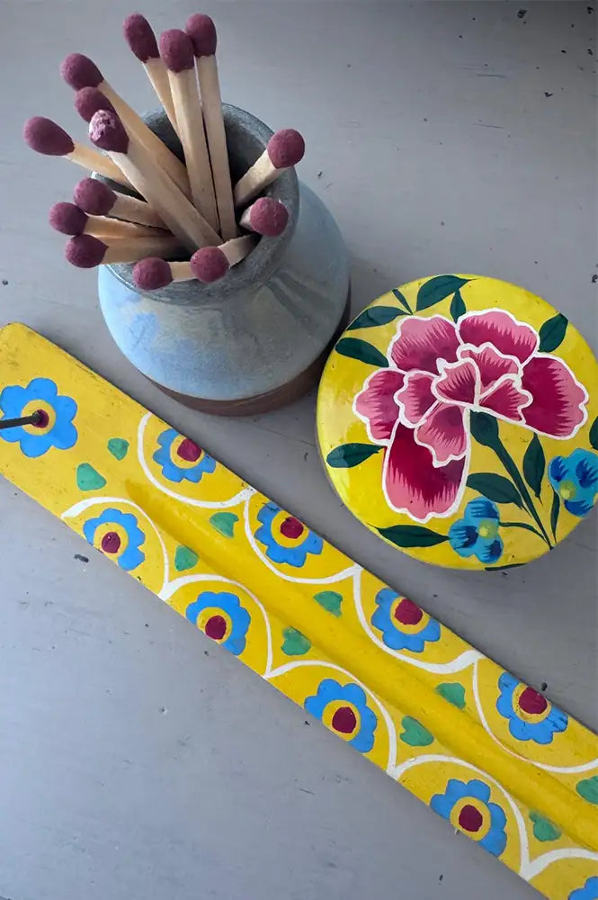 Namaste Hand Painted Indian Truck Art Yellow Incense Holder