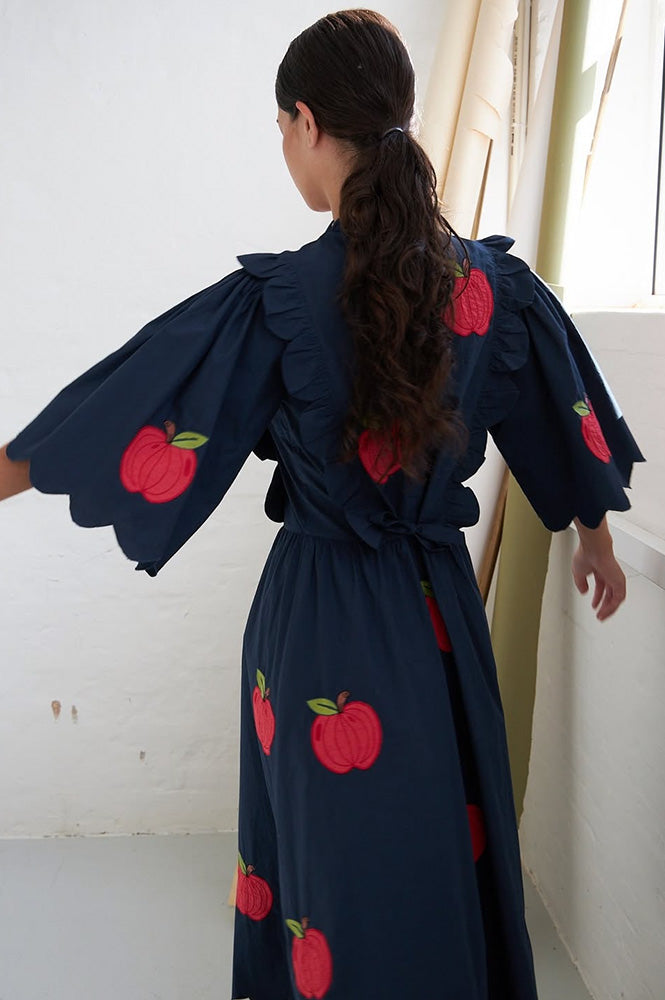Stella Nova Apple Embroidered Navy Midi Dress - The Mercantile London