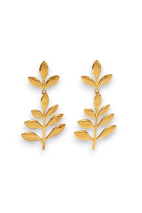A pair of gold leaf drop earrings with a textured finish, displayed on a clean white background.