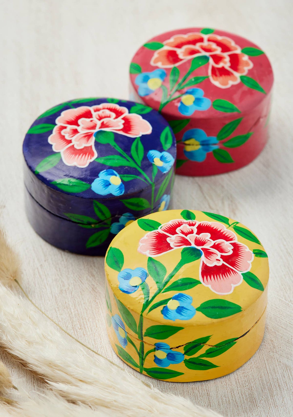 Namaste Kashmiri Chrysanthemum Navy Handpainted Trinket Box Small