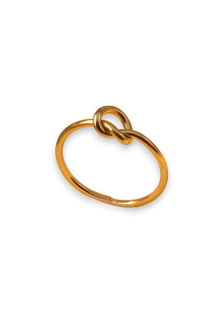 A gold-plated metal ring with a unique knotted loop design at the top, shown on a clean white background.