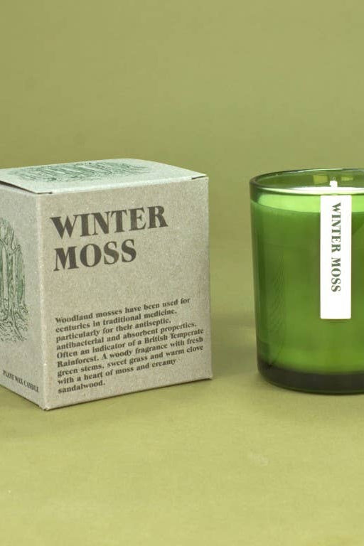A green glass jar candle next to its textured off-white packaging box, both labeled 'WINTER MOSS' on a solid olive-green background.