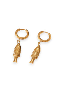 Gold hoop earrings with pine cone charms on a white background
