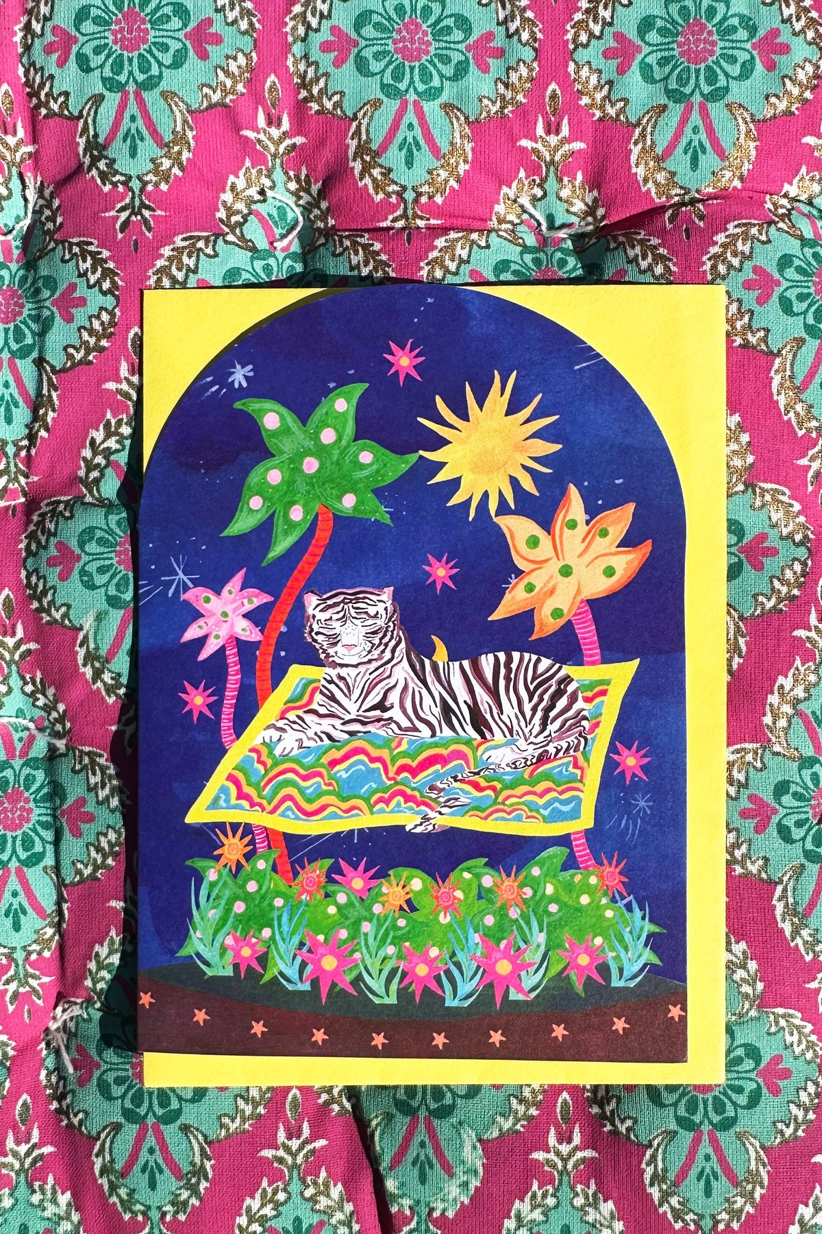 'Tiger on Magic Carpet Bell Jar' Greetings Card: Biodegradable Cello Wrap - The Mercantile London