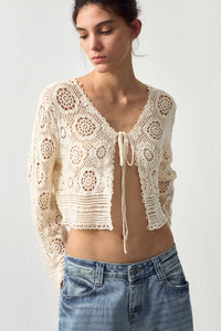 CUBIC Cotton Crochet Lace Trim Cropped Cardigan: Beige / UN - The Mercantile London