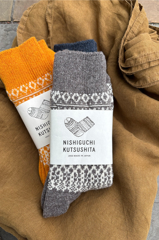 Nishiguchi Kutsushita Wool Jacquard Grey Socks - The Mercantile London