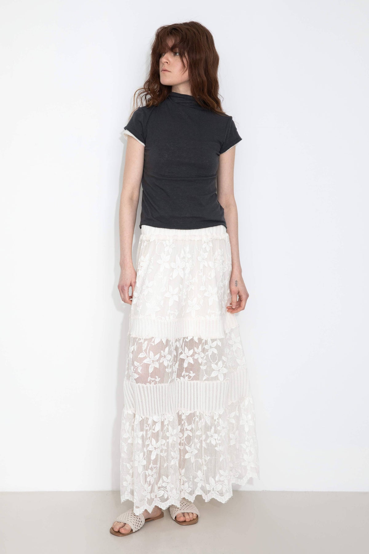 Textured Floral Print Lace Panel Skirt: FloralWhite / UN - The Mercantile London
