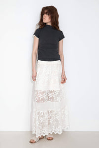 Textured Floral Print Lace Panel Skirt: FloralWhite / UN - The Mercantile London