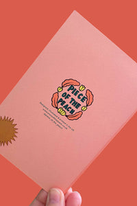 Pink card with 'Piece of the Peach' logo on a red background