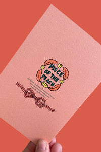 Pink card with 'Piece of the Peach' design on a red background