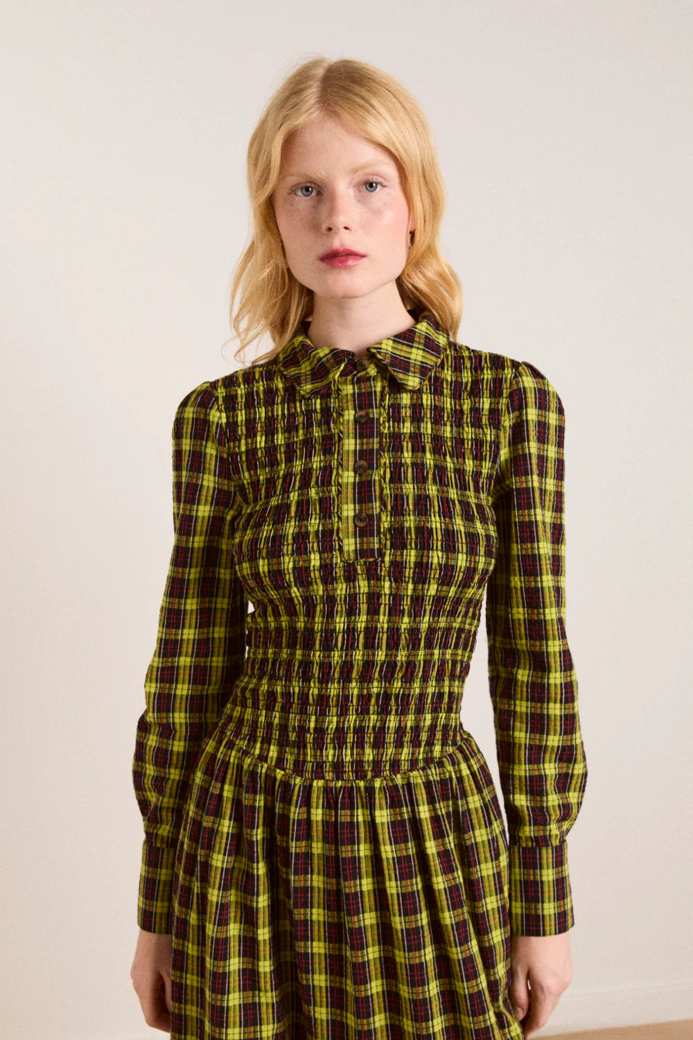 Damson Madder Hazel Yellow Check Midi Dress - The Mercantile London