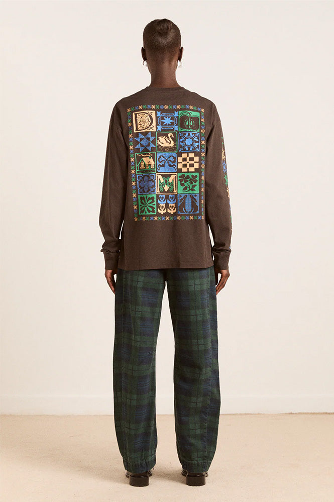 Damson Madder Patchwork Coffee Bean Long Sleeve Tee - The Mercantile London