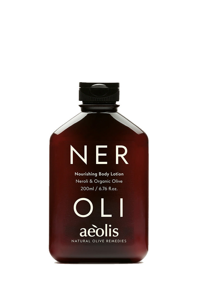 Brown bottle of aeolis Nourishing Body Lotion on a white background