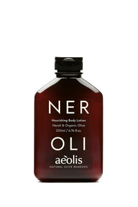 Brown bottle of aeolis Nourishing Body Lotion on a white background