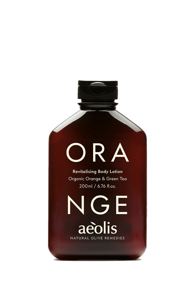 A 200ml bottle of Aeolis Revitalising Body Lotion in Orange & Green Tea scent. The bottle is a translucent dark amber-brown color with a black cap, featuring white text on the front label.