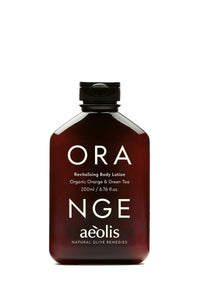A 200ml bottle of Aeolis Revitalising Body Lotion in Orange & Green Tea scent. The bottle is a translucent dark amber-brown color with a black cap, featuring white text on the front label.