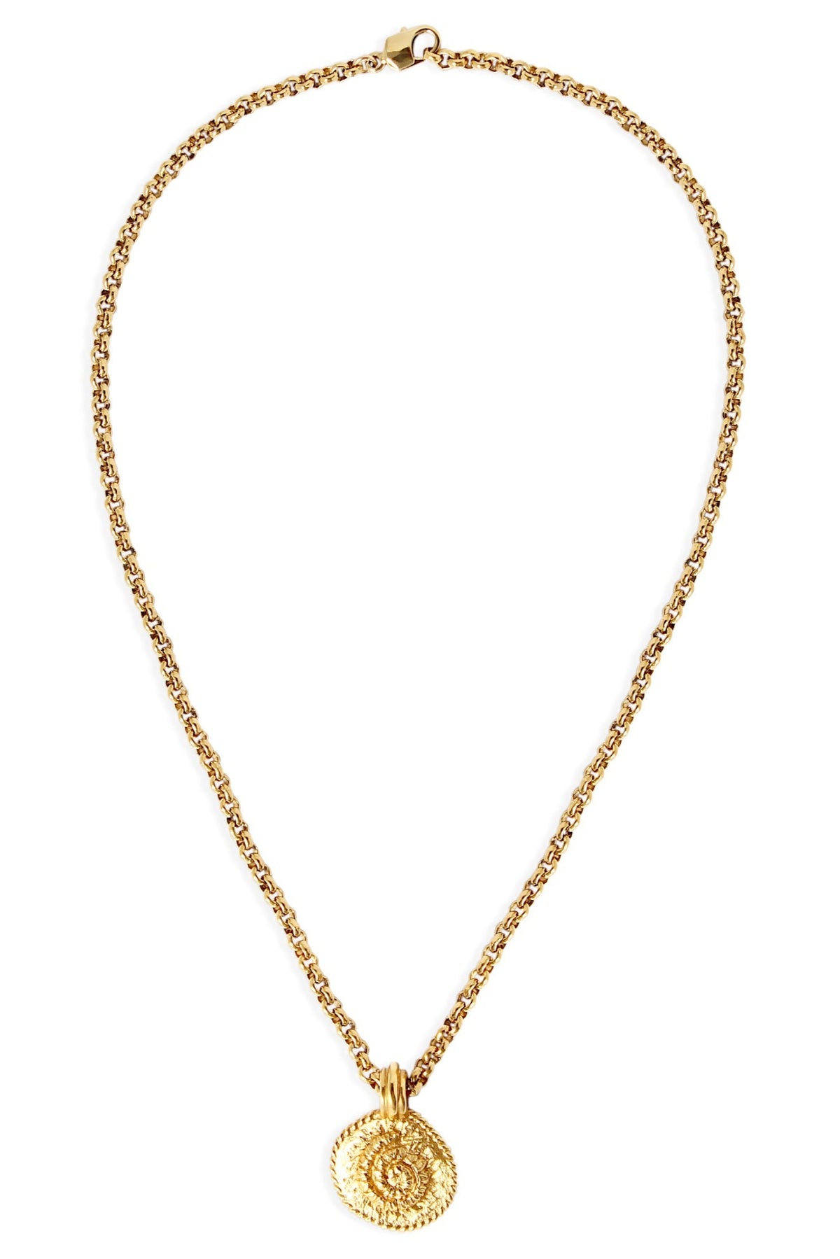Gold necklace with a round pendant on a white background