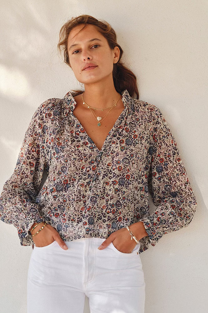 M.A.B.E Cass Indigo Rust Frill Blouse - The Mercantile London