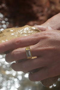 A close-up of a person's hand wearing a gold ring with a rectangular clear gemstone, holding a wet rock outdoors with blurred water and rocks in the background.
