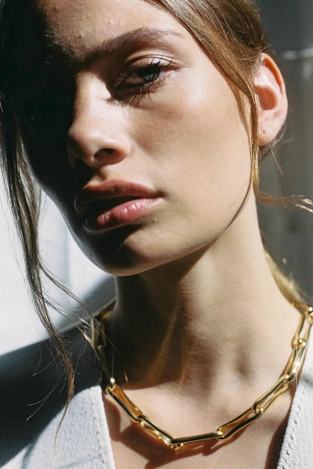 Close-up of a woman wearing a gold necklace with a blurred background