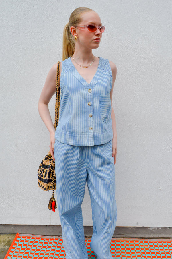 FRNCH Colza Striped Denim Sleeveless Vest - The Mercantile London