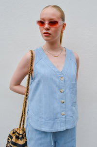 FRNCH Colza Striped Denim Sleeveless Vest - The Mercantile London