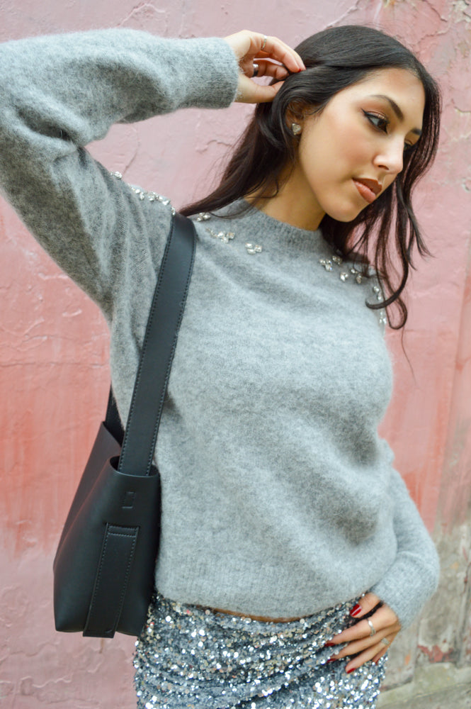 Second Female Sparkling Knit O-Neck Grey Melange Sweater