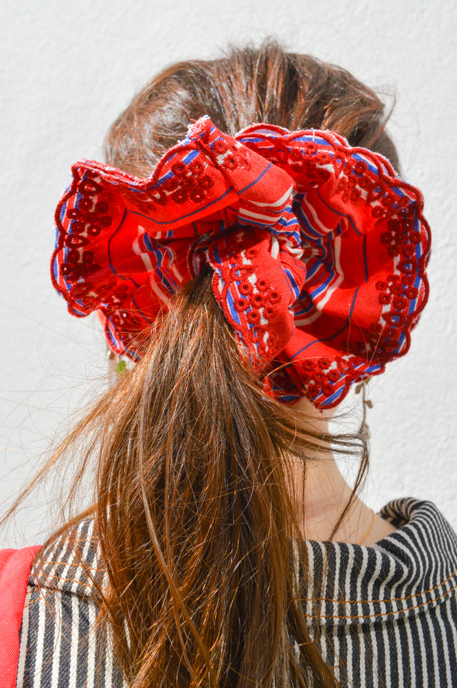 Damson Madder Embroidered Red Stripe Scrunchie - The Mercantile London