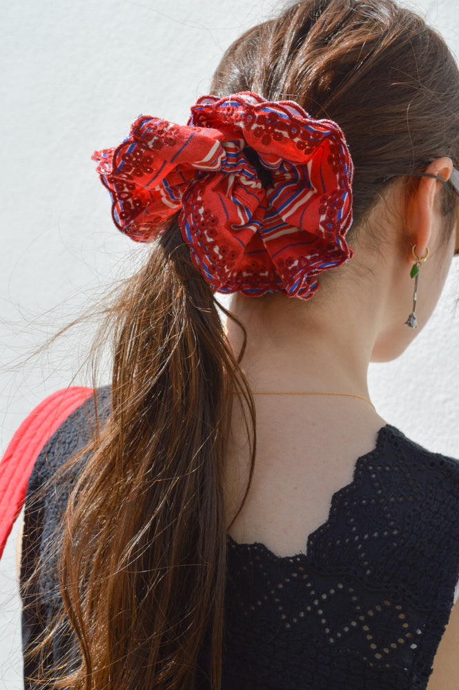Damson Madder Embroidered Red Stripe Scrunchie - The Mercantile London