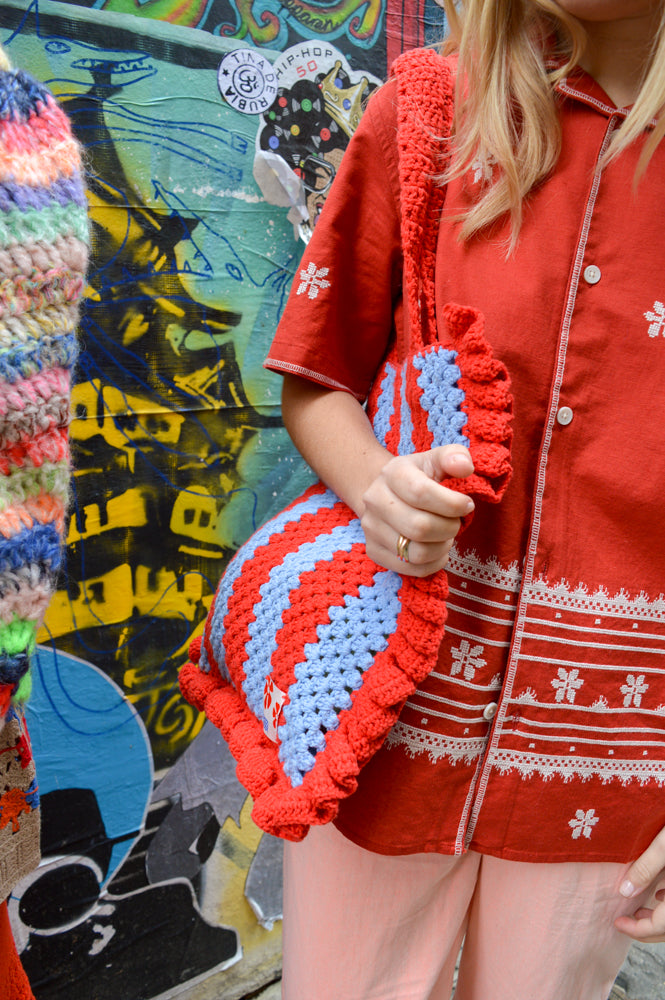 Damson Madder Stripe Frill Red & Blue Crochet Bag - The Mercantile London