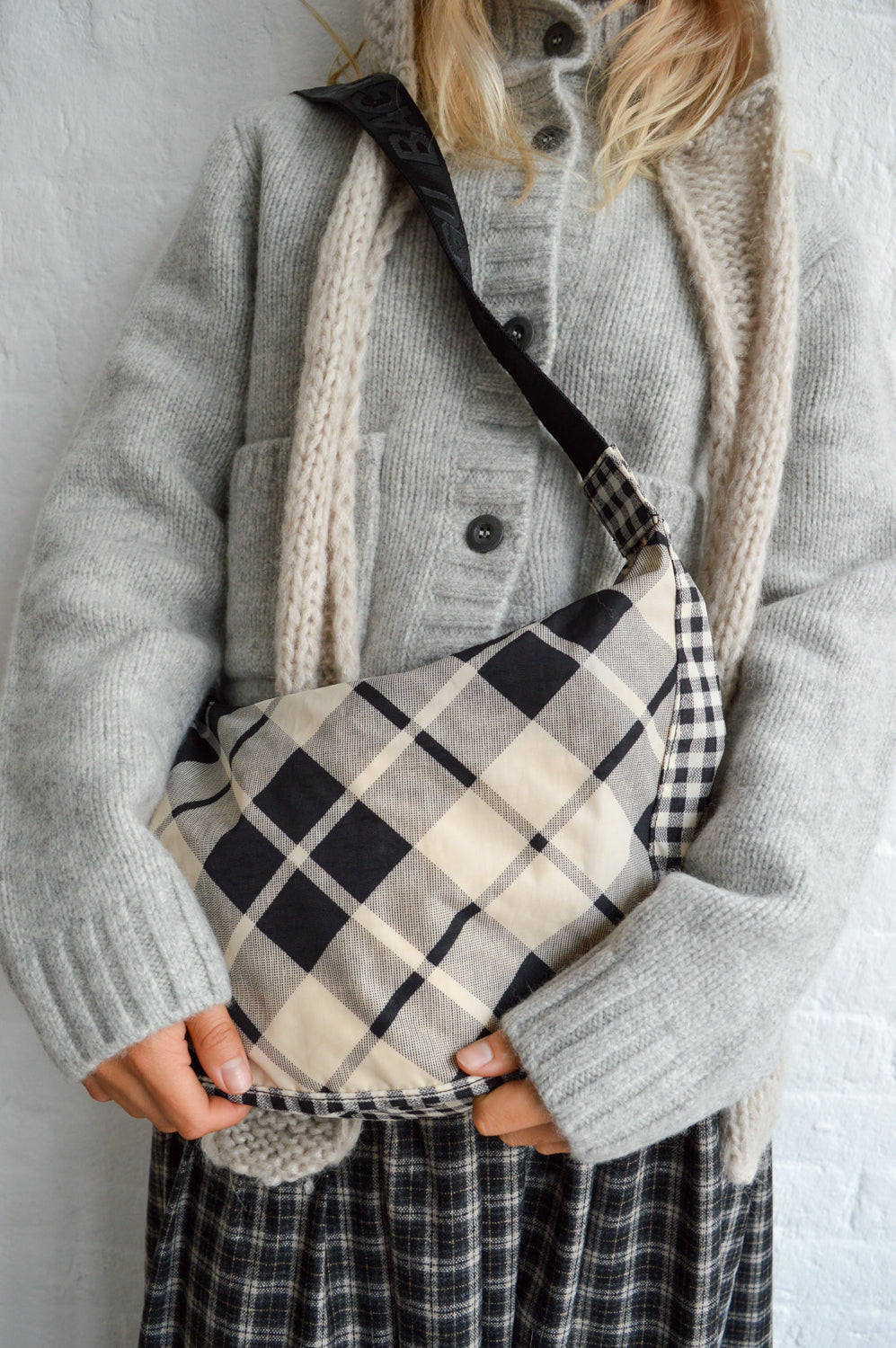 Baggu Medium Nylon Mixed Plaid Crescent Bag - The Mercantile London