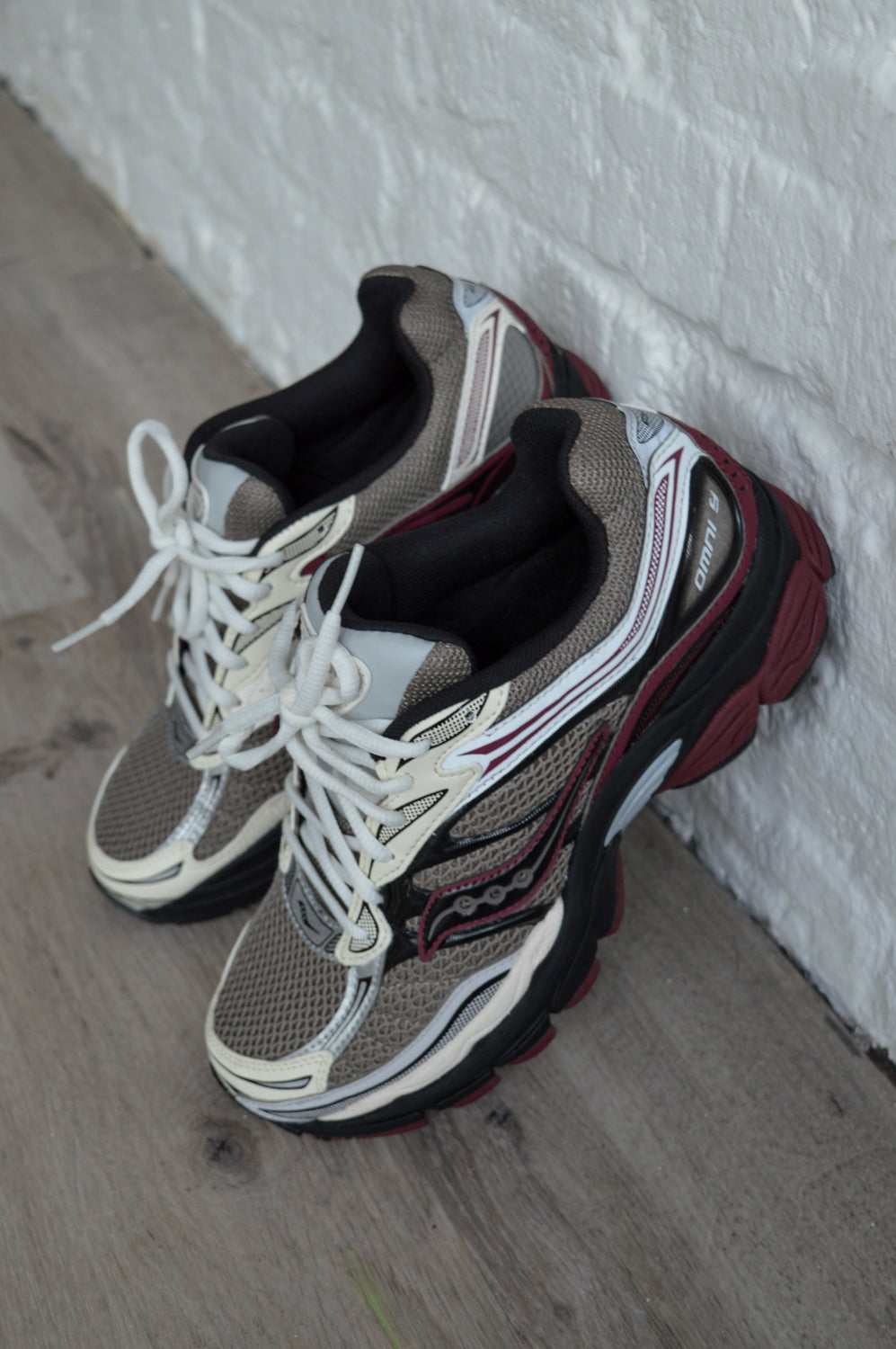 Saucony Progrid Omni 9 Tan & Maroon Trainers - The Mercantile London