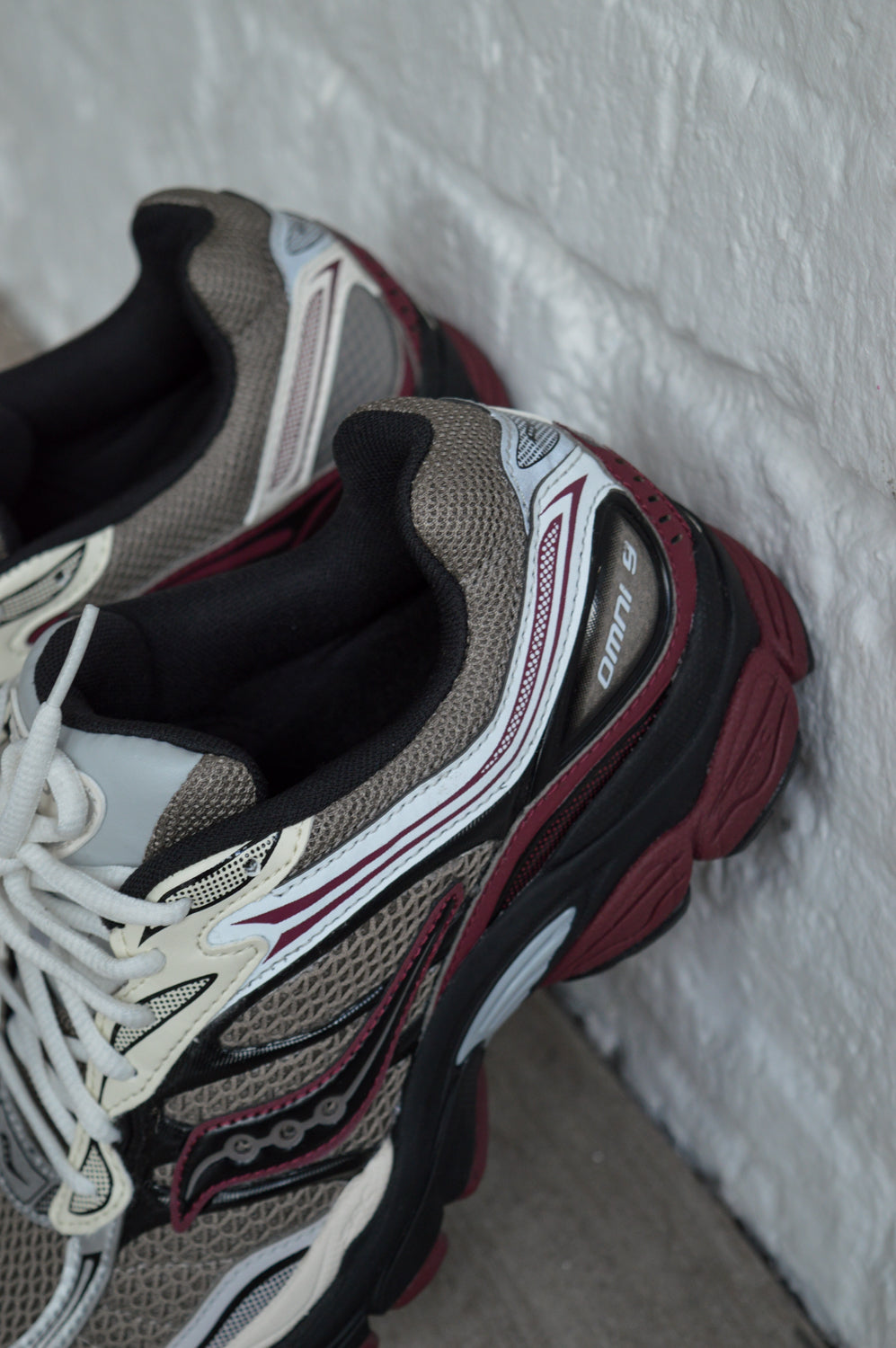 Saucony Progrid Omni 9 Tan & Maroon Trainers - The Mercantile London