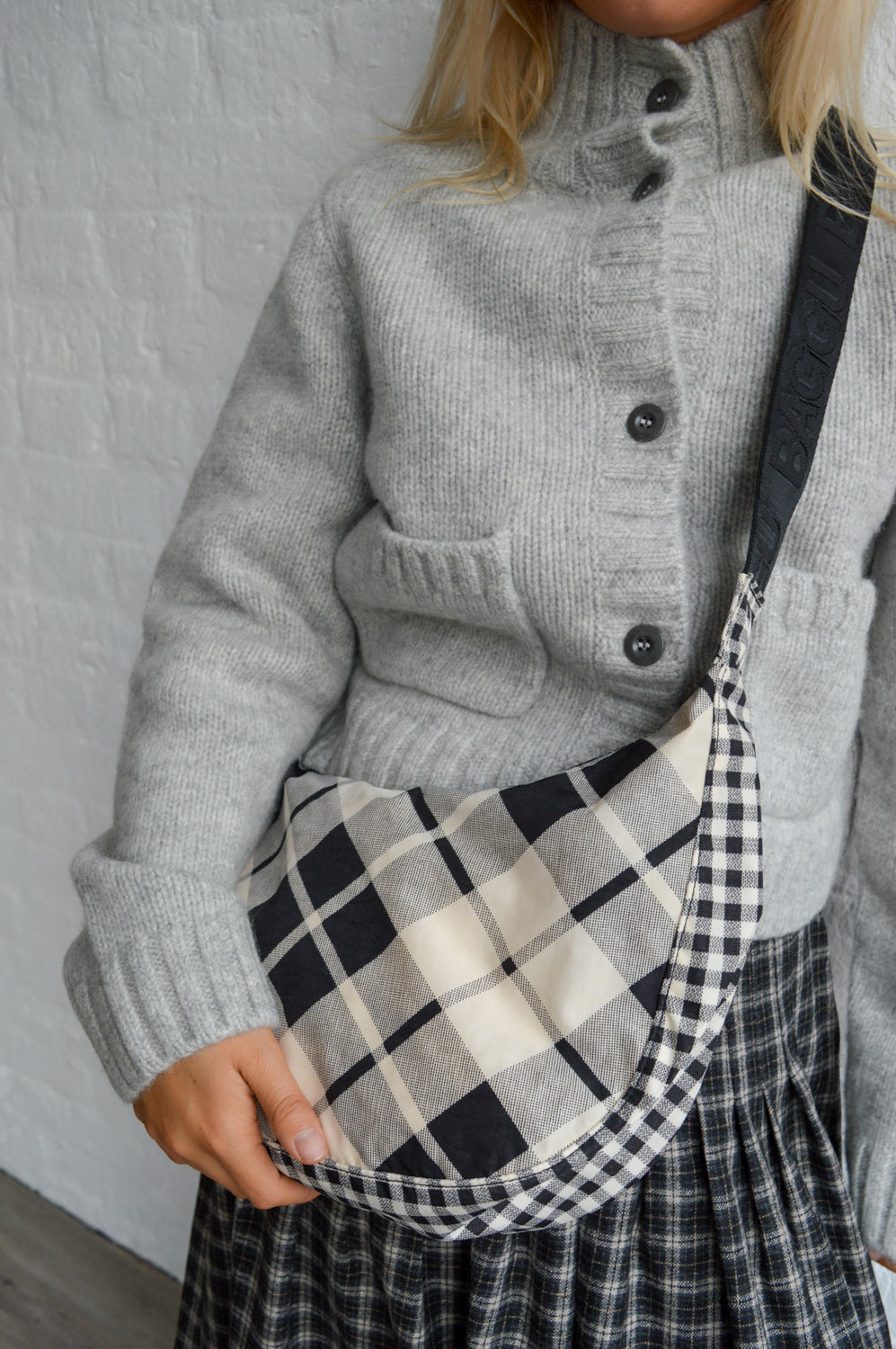 Baggu Medium Nylon Mixed Plaid Crescent Bag - The Mercantile London