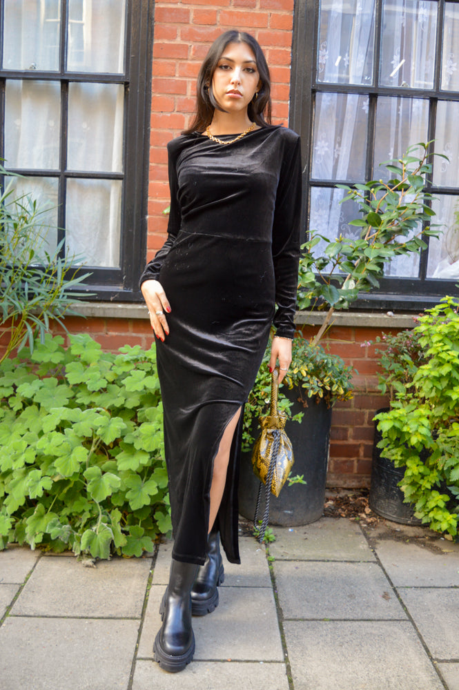 Object Bianca Black Velour Midi Dress - The Mercantile London