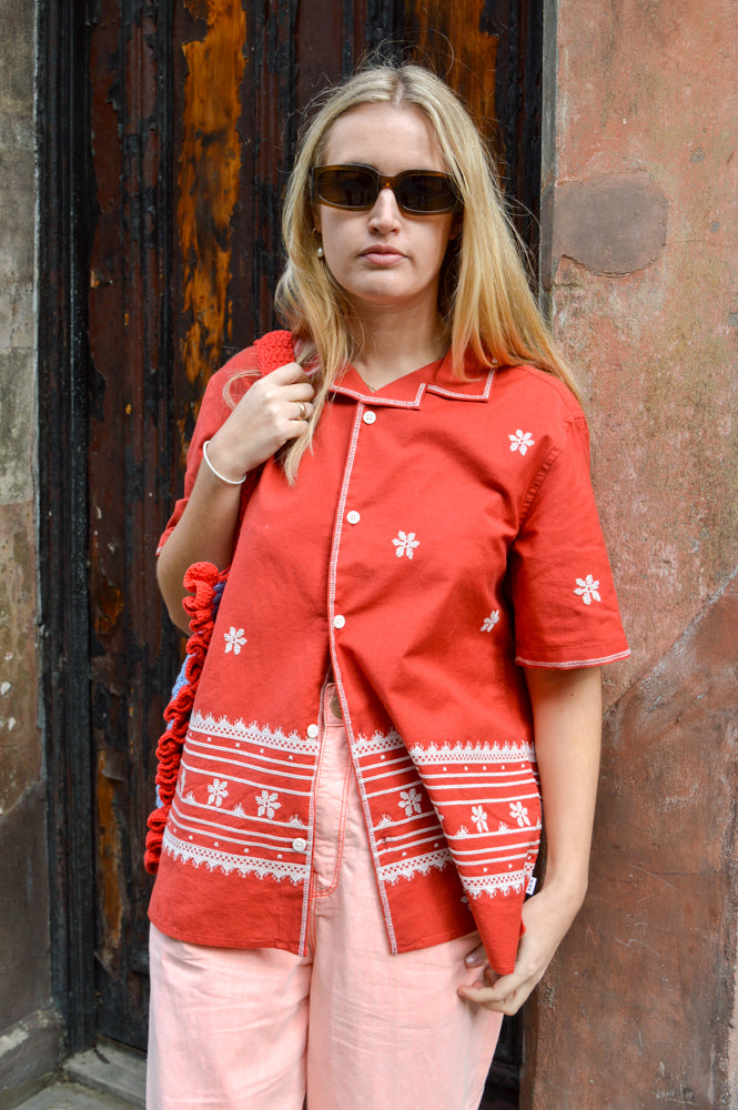 Wax Didcot Red & Ecru Daisy Embroidery Shirt - The Mercantile London