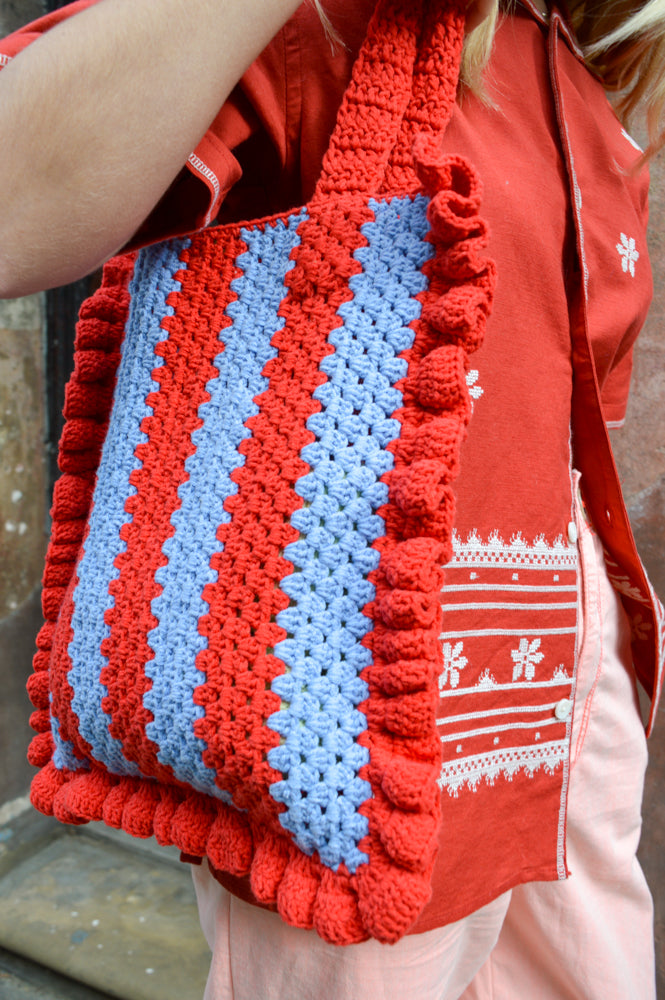 Damson Madder Stripe Frill Red & Blue Crochet Bag - The Mercantile London